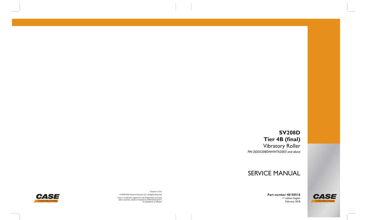 CASE SV208D Vibratory Roller Factory Workshop Service Manual 48150518
