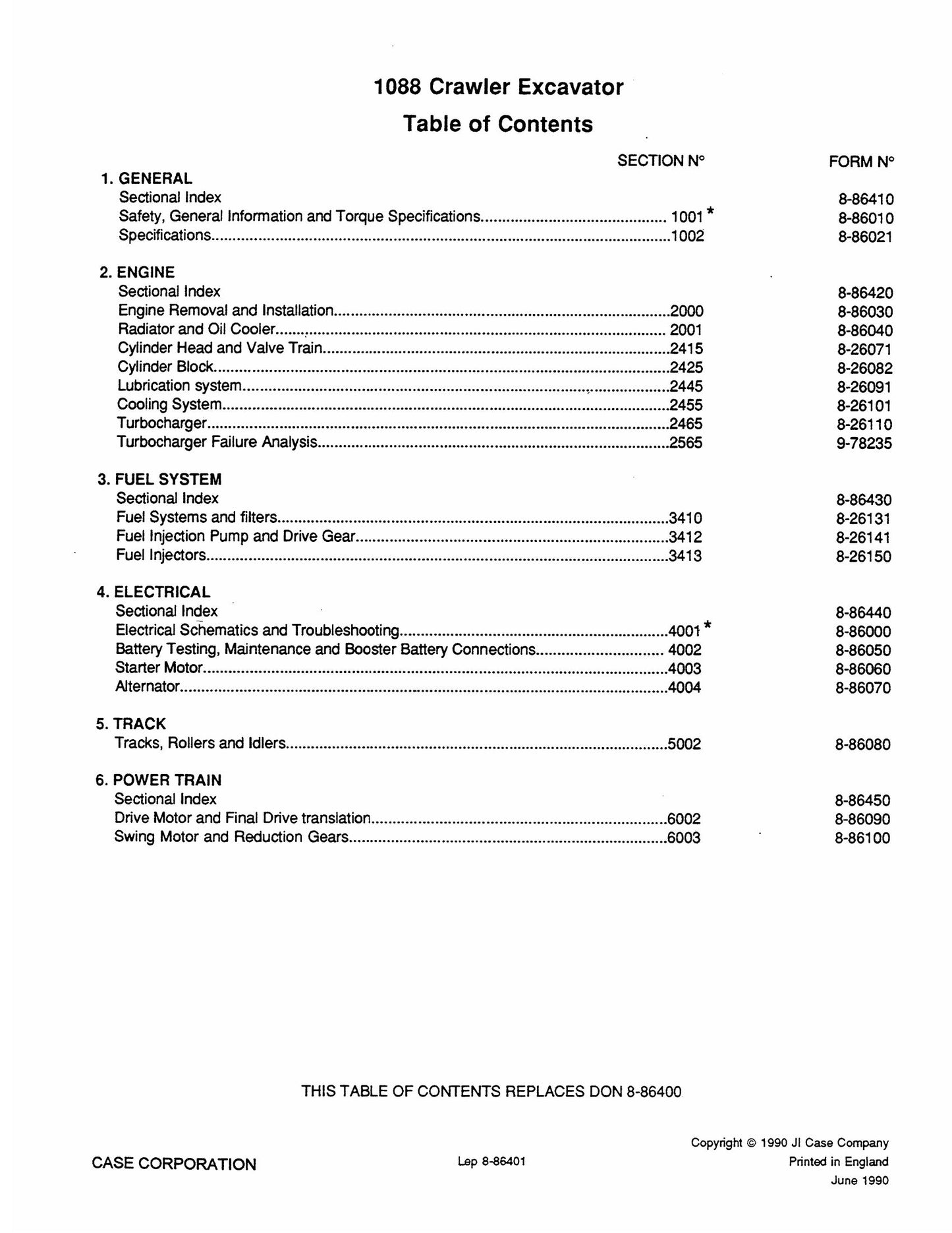 CASE 1088 Crawler Excavator Factory Workshop Parts Catalog 8-86400