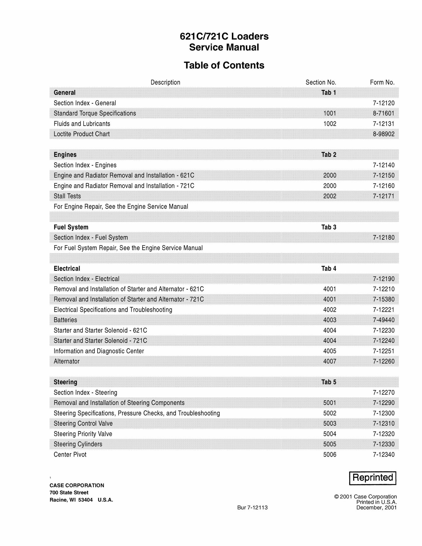 CASE 621C 721C Wheel Loader Factory Workshop Service Manual 7-12113