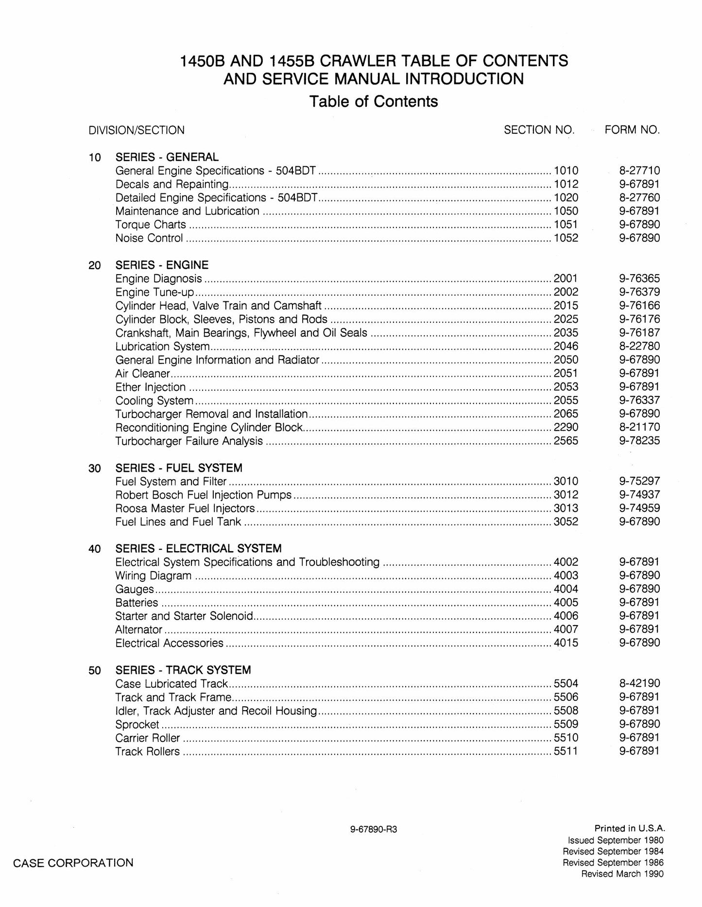 CASE 1450B 1455B Crawler Table Of Contents and Factory Workshop Service Manual Introduction Factory Workshop Service Manual 9-67890