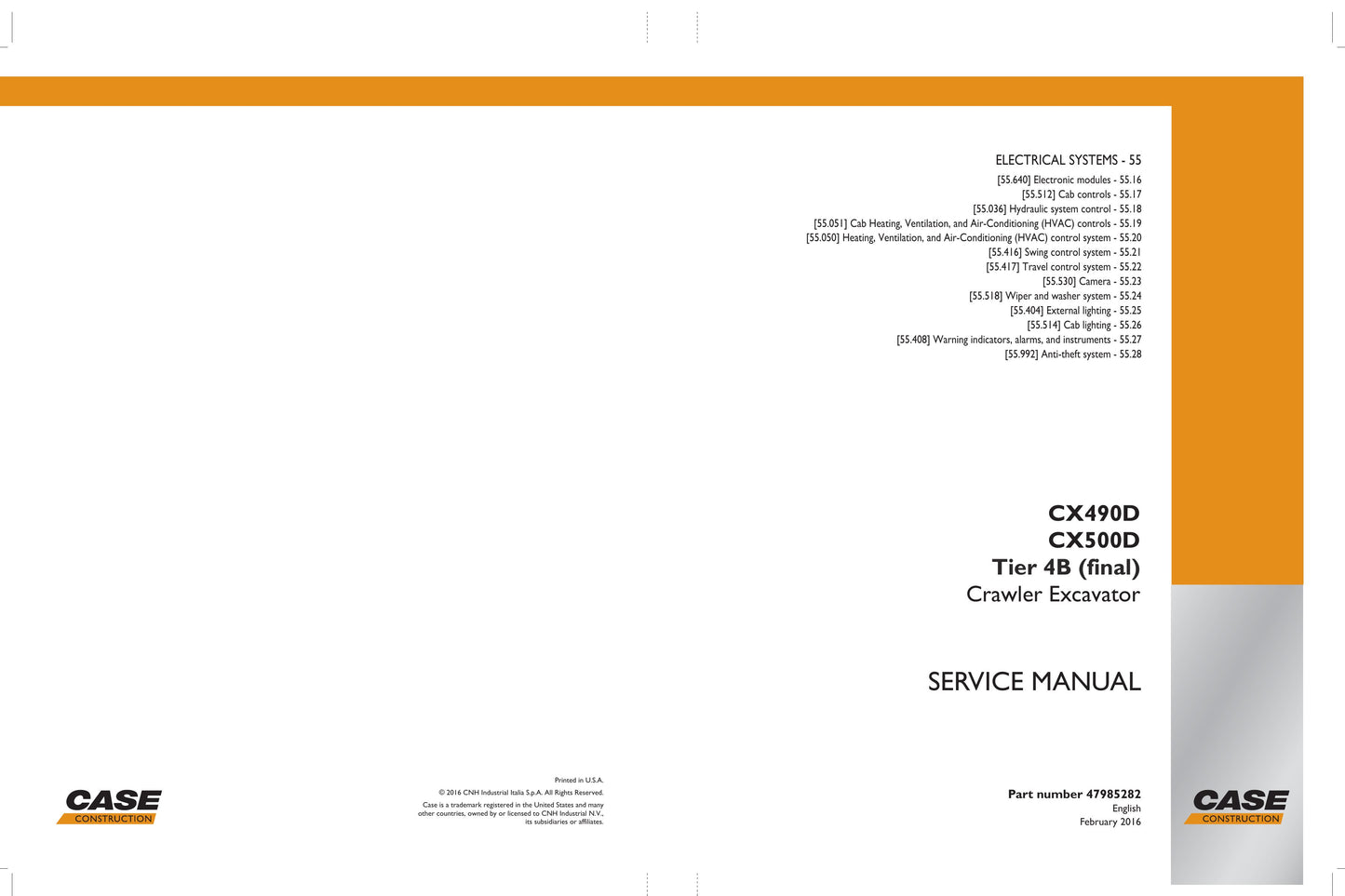 CASE CX490D CX500D Crawler Excavator Factory Workshop Service Manual 47985282