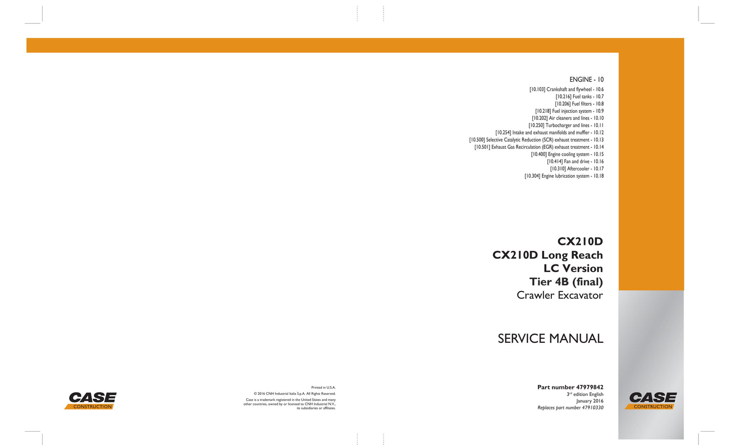 CASE CX210D Crawler Excavator Factory Workshop Service Manual 47979842