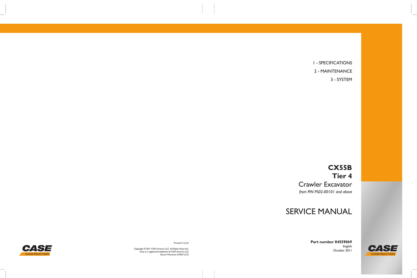 CASE CX55B Crawler Excavator Factory Workshop Service Manual 84559069