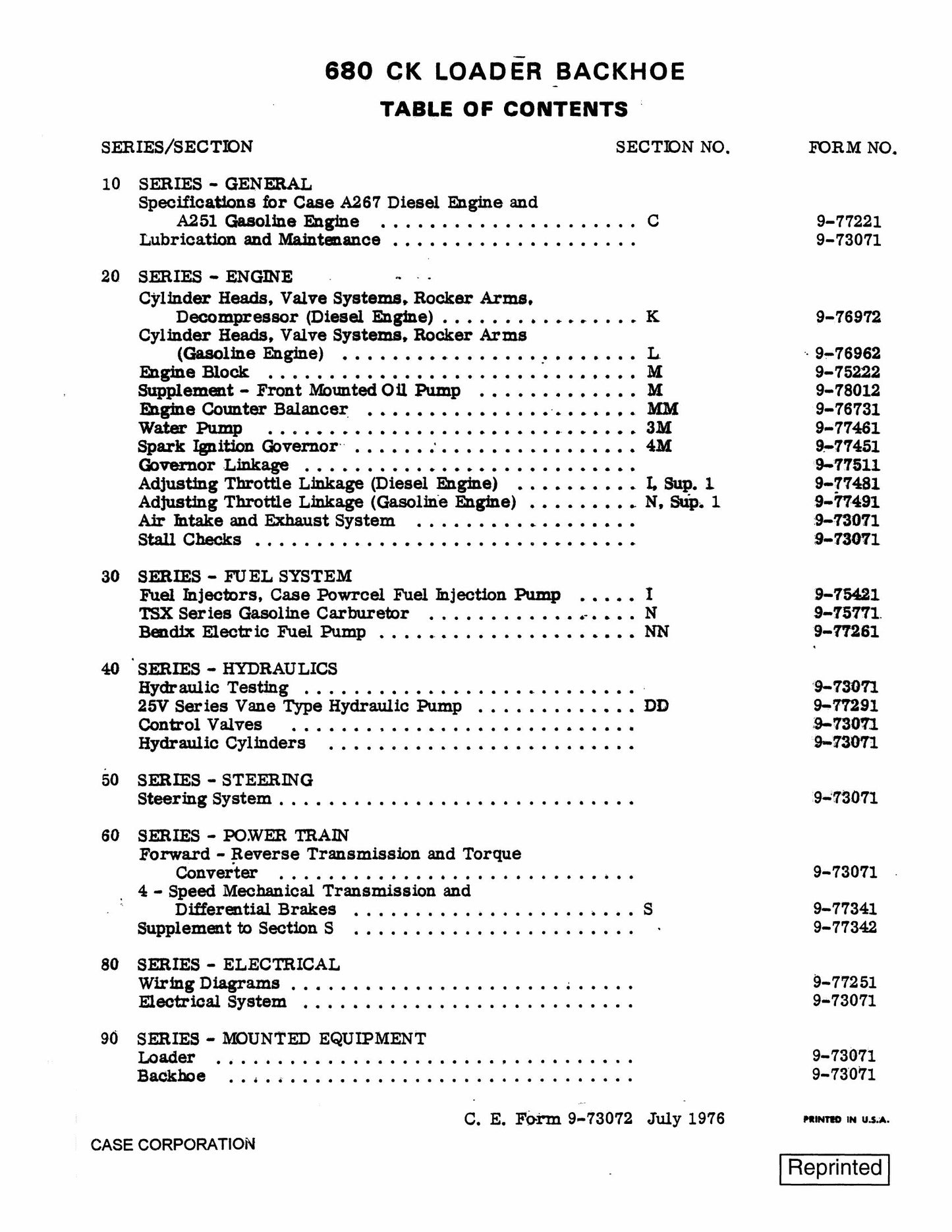 CASE 680CK Backhoe Loader Factory Workshop Service Manual C. E. Form 9-73072