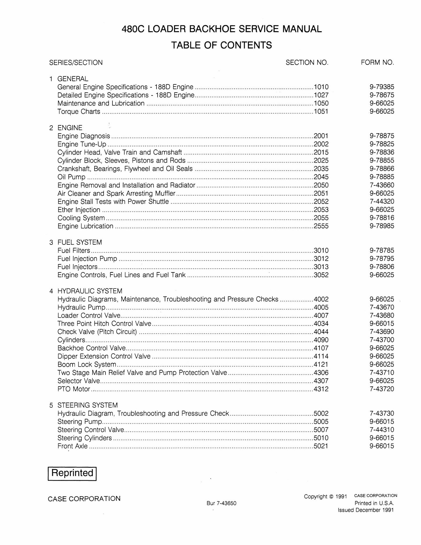 CASE 480C Loader Backhoe Factory Workshop Service Manual Bur 7-43650