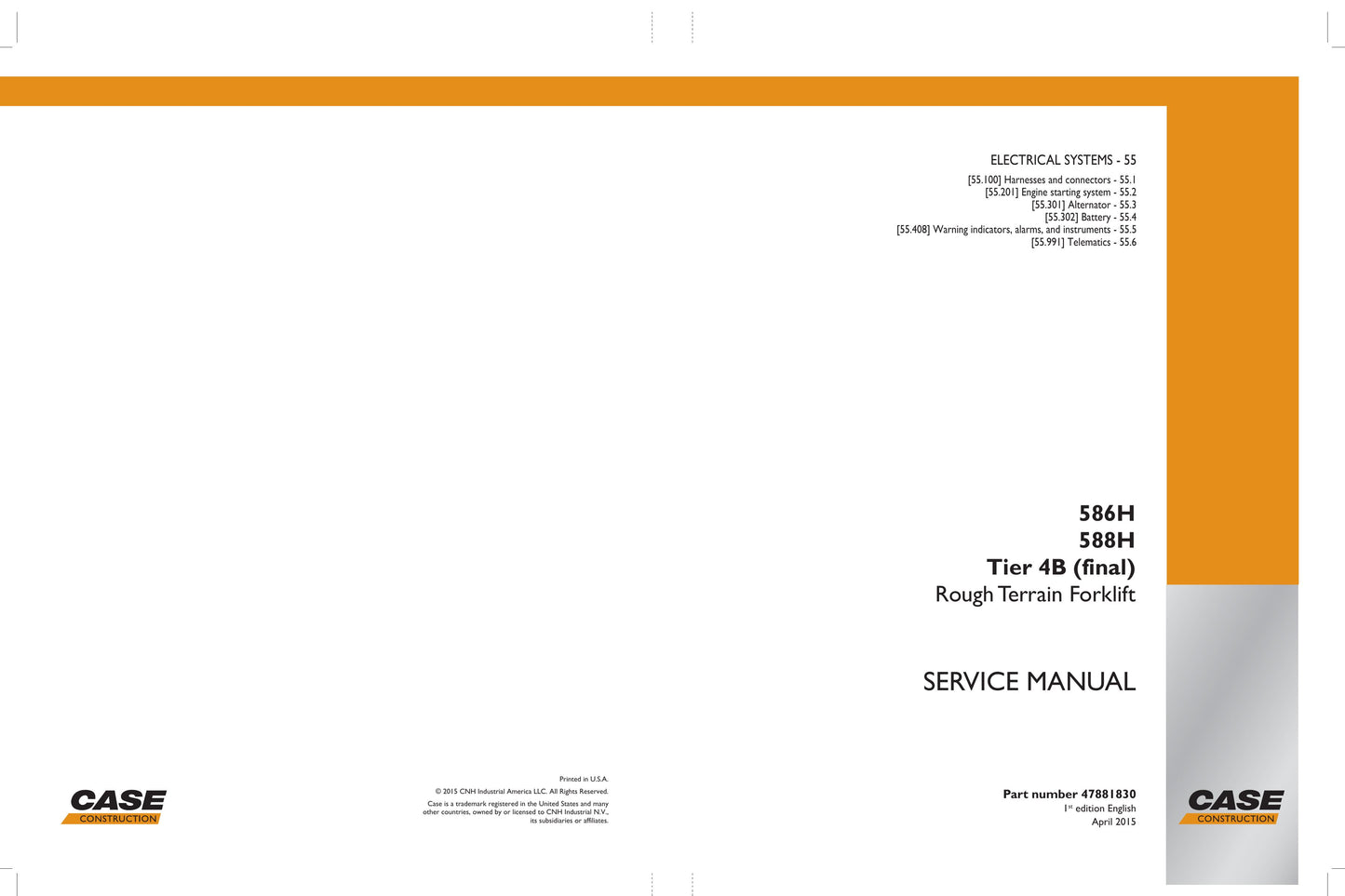 CASE 586H 588H Rough Terrain Forklift Factory Workshop Service Manual 47881830