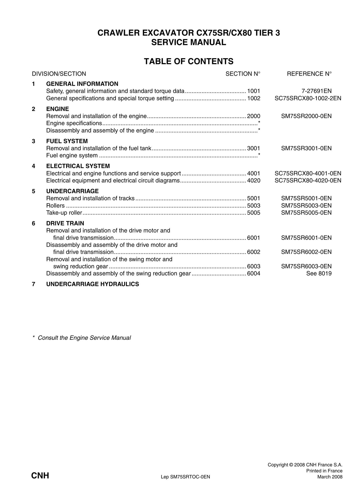 CNH CX75SR CX80 Crawler Excavator Factory Workshop Service Manual