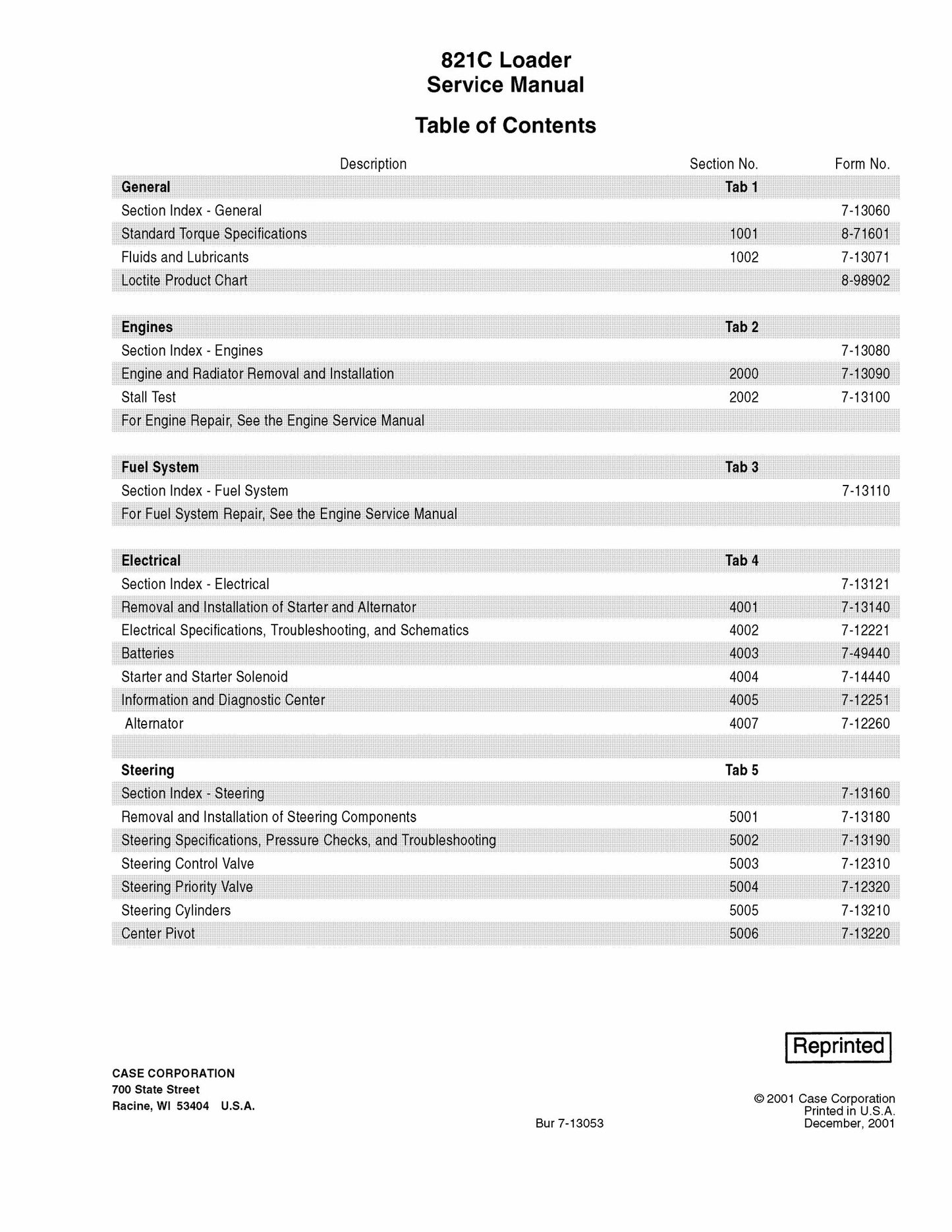 CASE 821C Wheel Loader Factory Workshop Service Manual Bur 7-13053