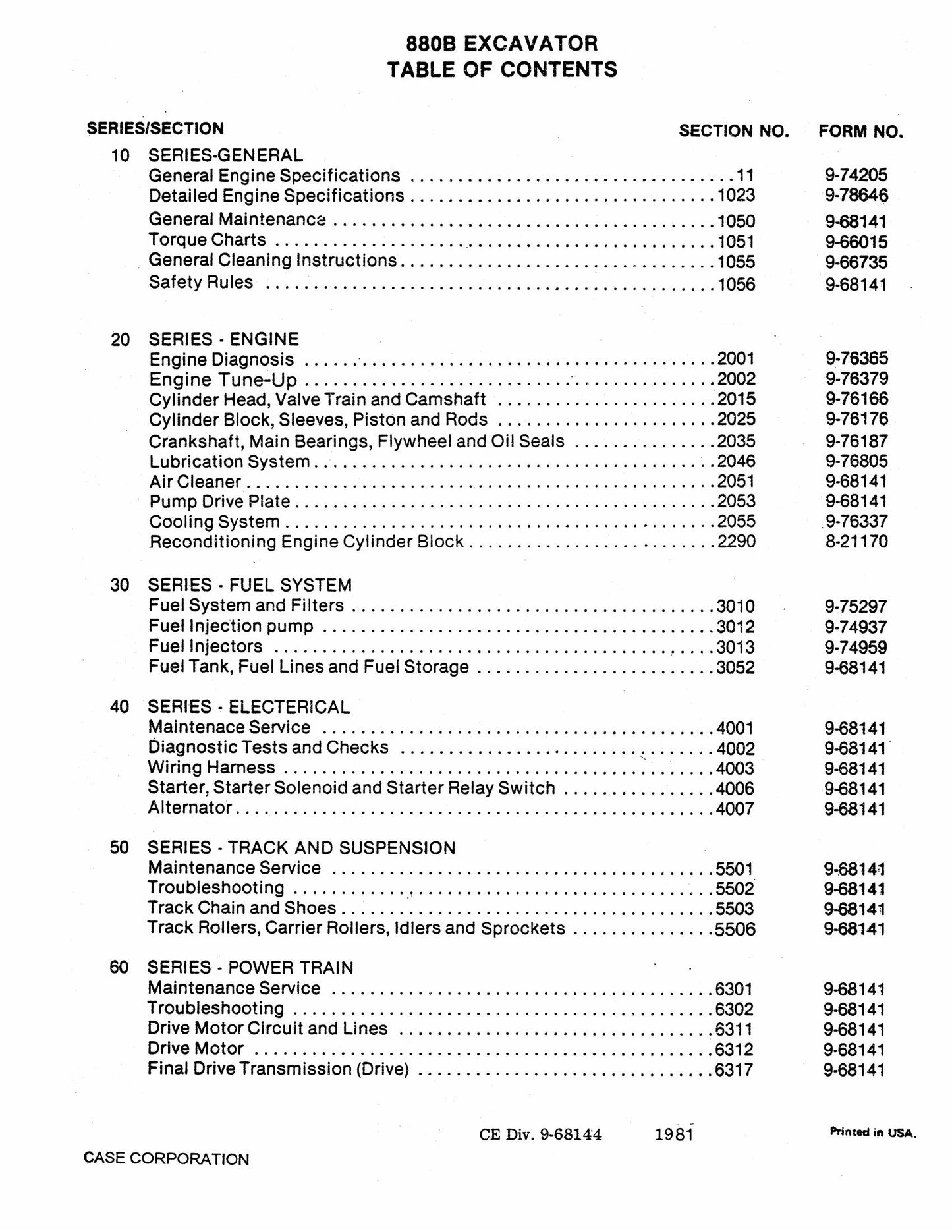 CASE 880B Crawler Excavator Factory Workshop Parts Catalog 9-68144