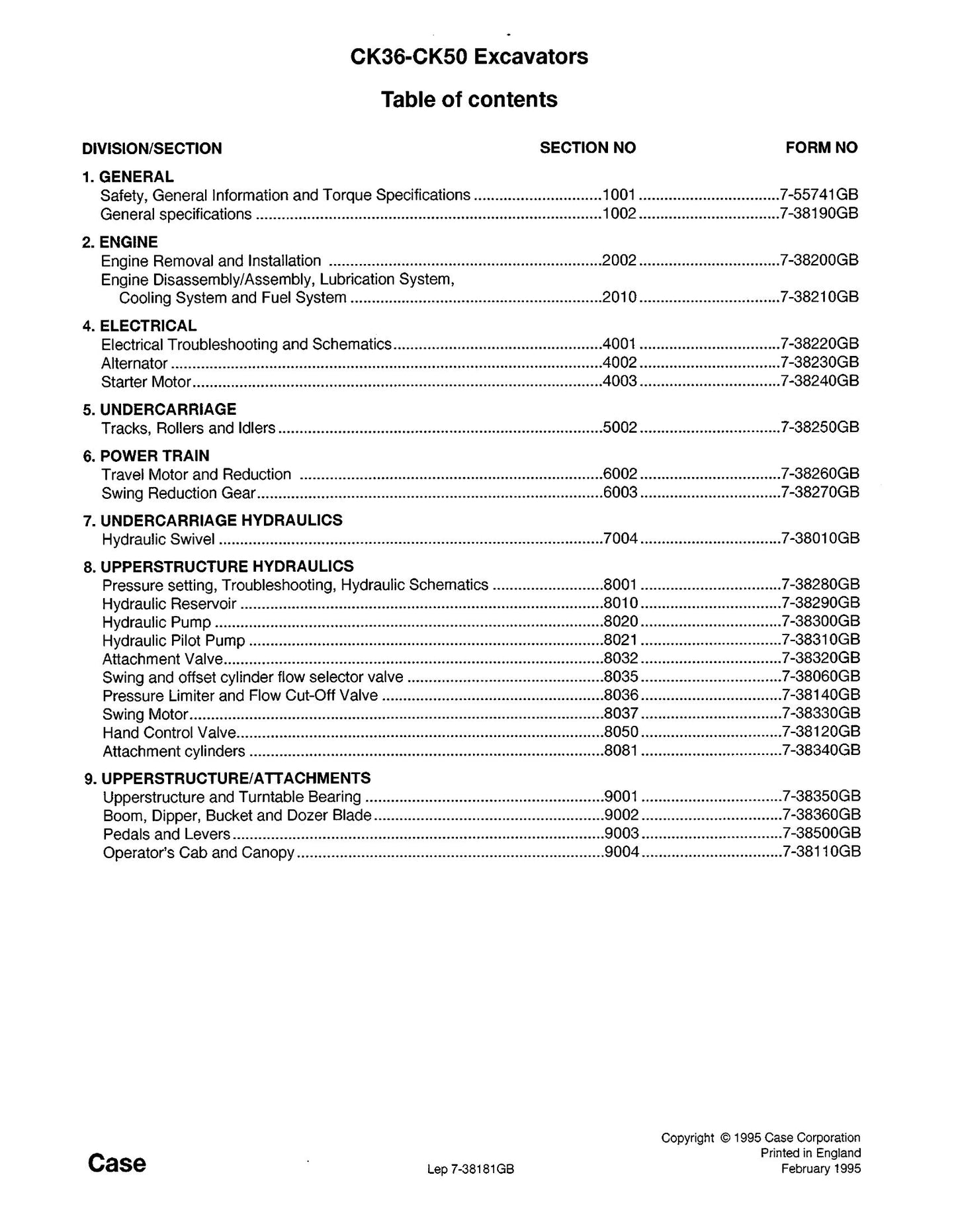 CASE CK36 CK50 Crawler Excavator Factory Workshop Service Manual 7-38181GB
