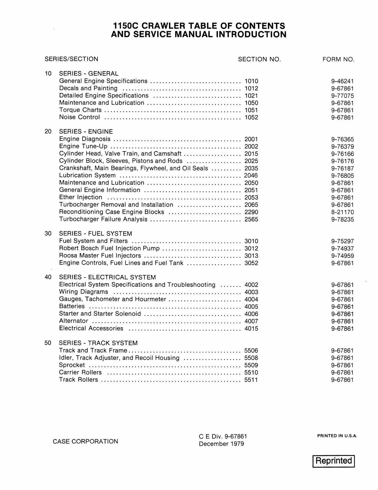 CASE 1150C Crawler Table of Contents and Factory Workshop Service Manual Introduction