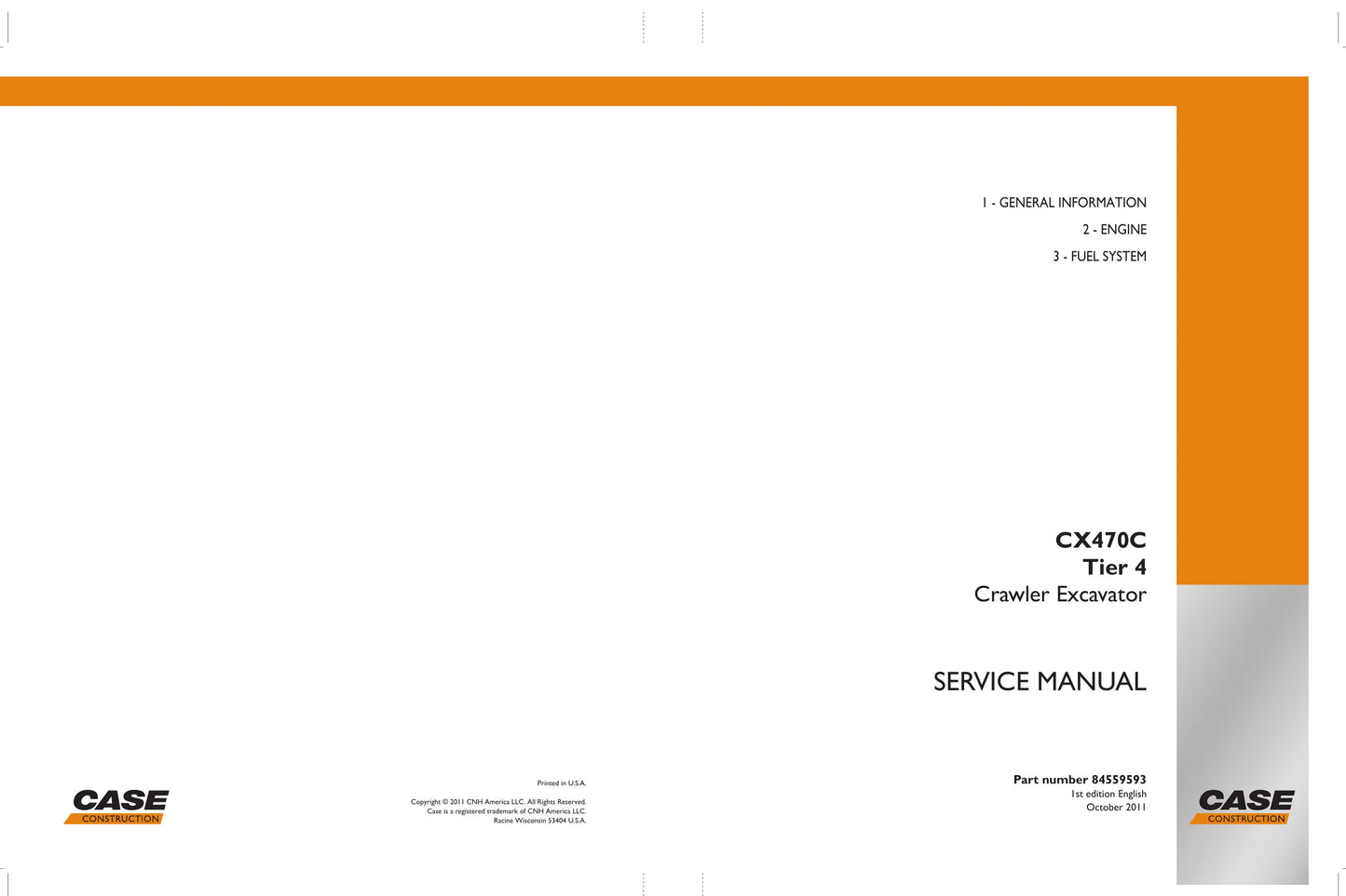 CASE CX470C Crawler Excavator Factory Workshop Service Manual 84559593