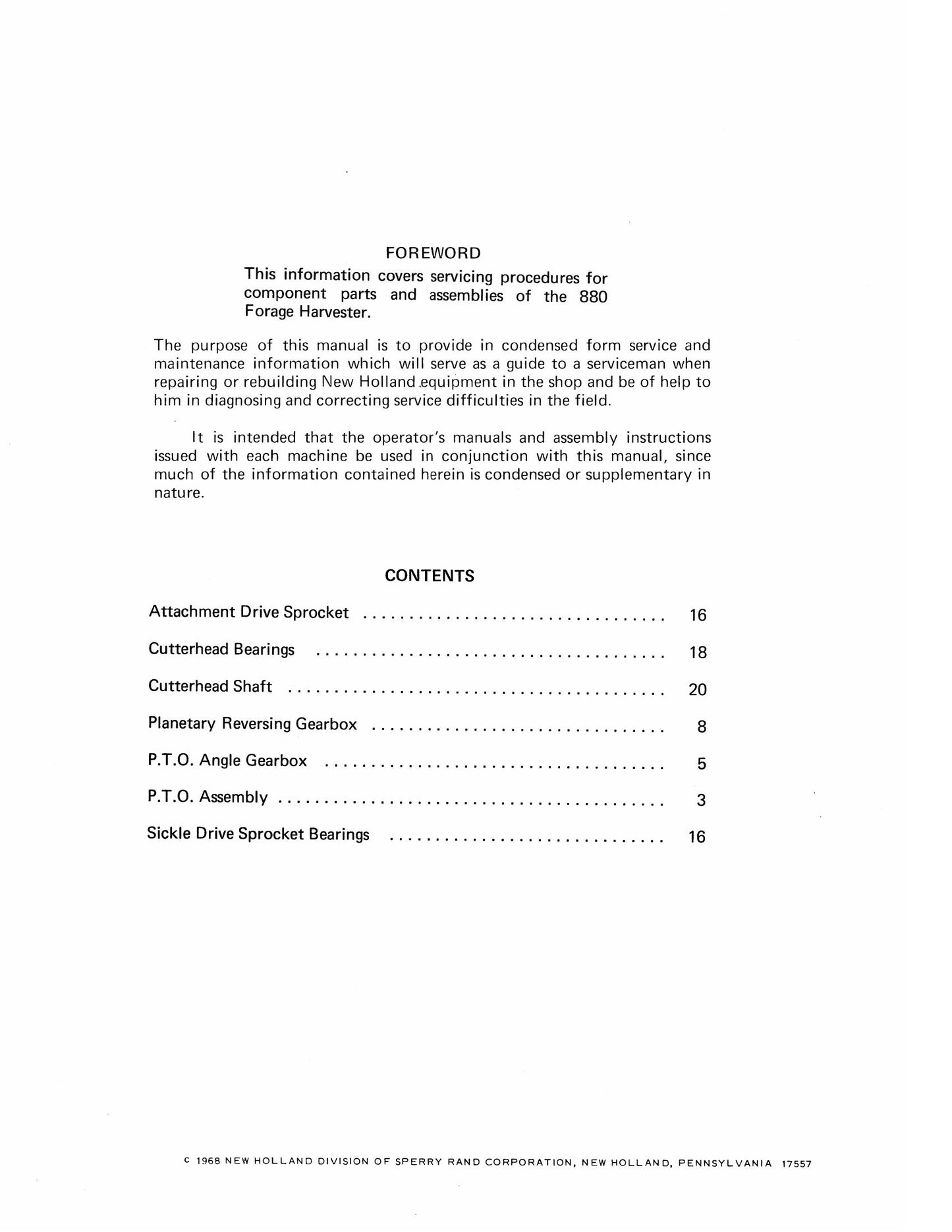 New Holland 880 Forage Harvester Factory Workshop Service Manual