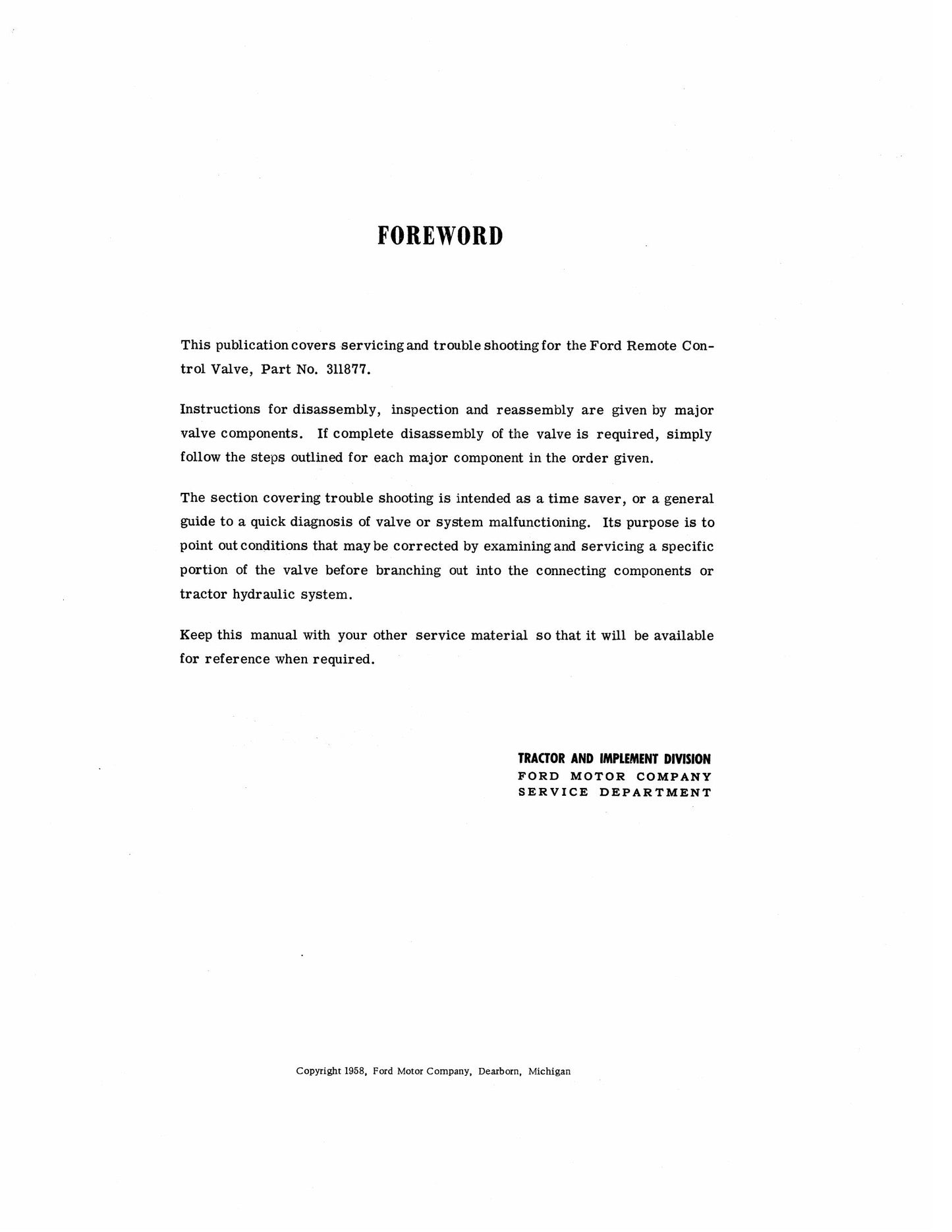 Ford Remote Control Valve Factory Workshop Service Manual 311877