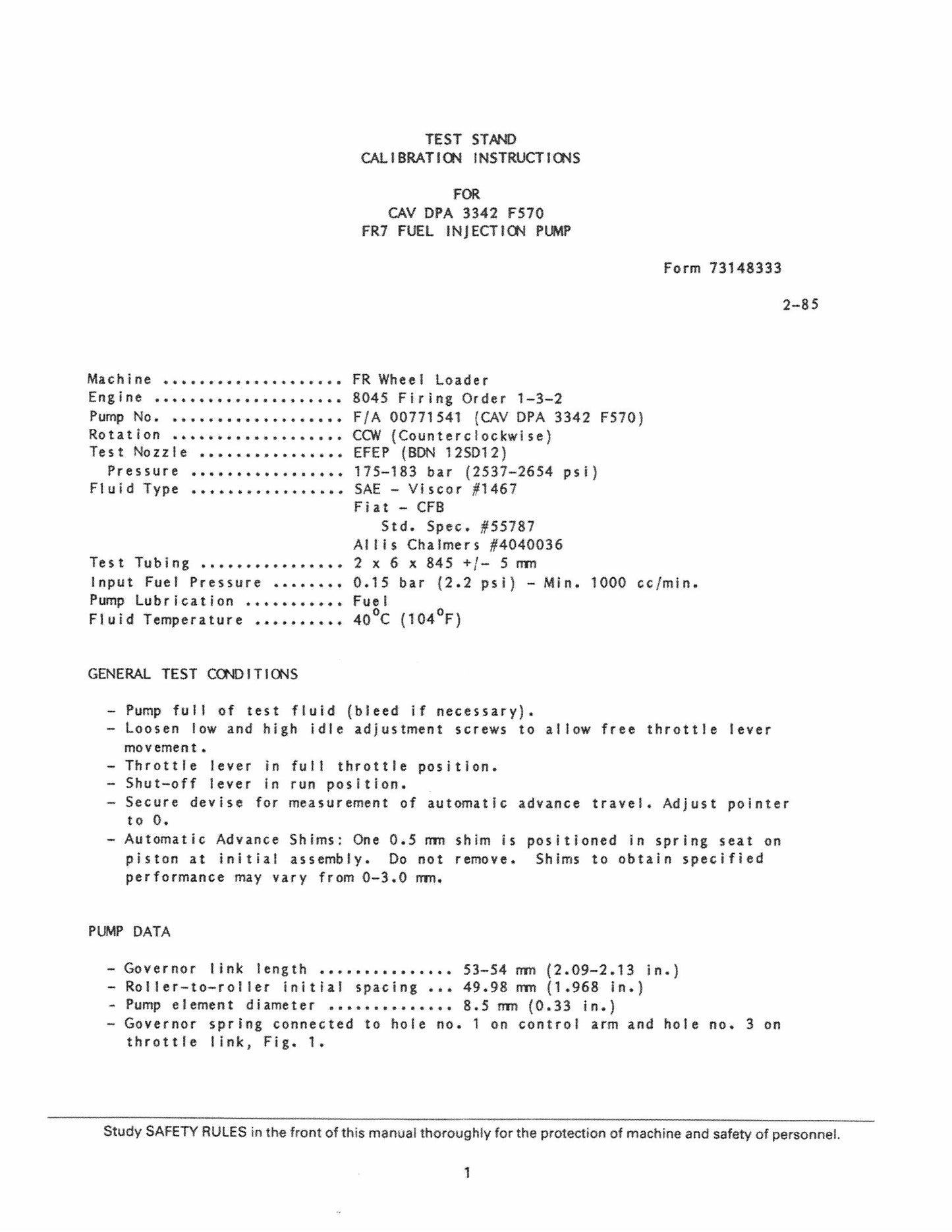 FIATALLIS FR Wheel Loader Calibration Specifications 73148333