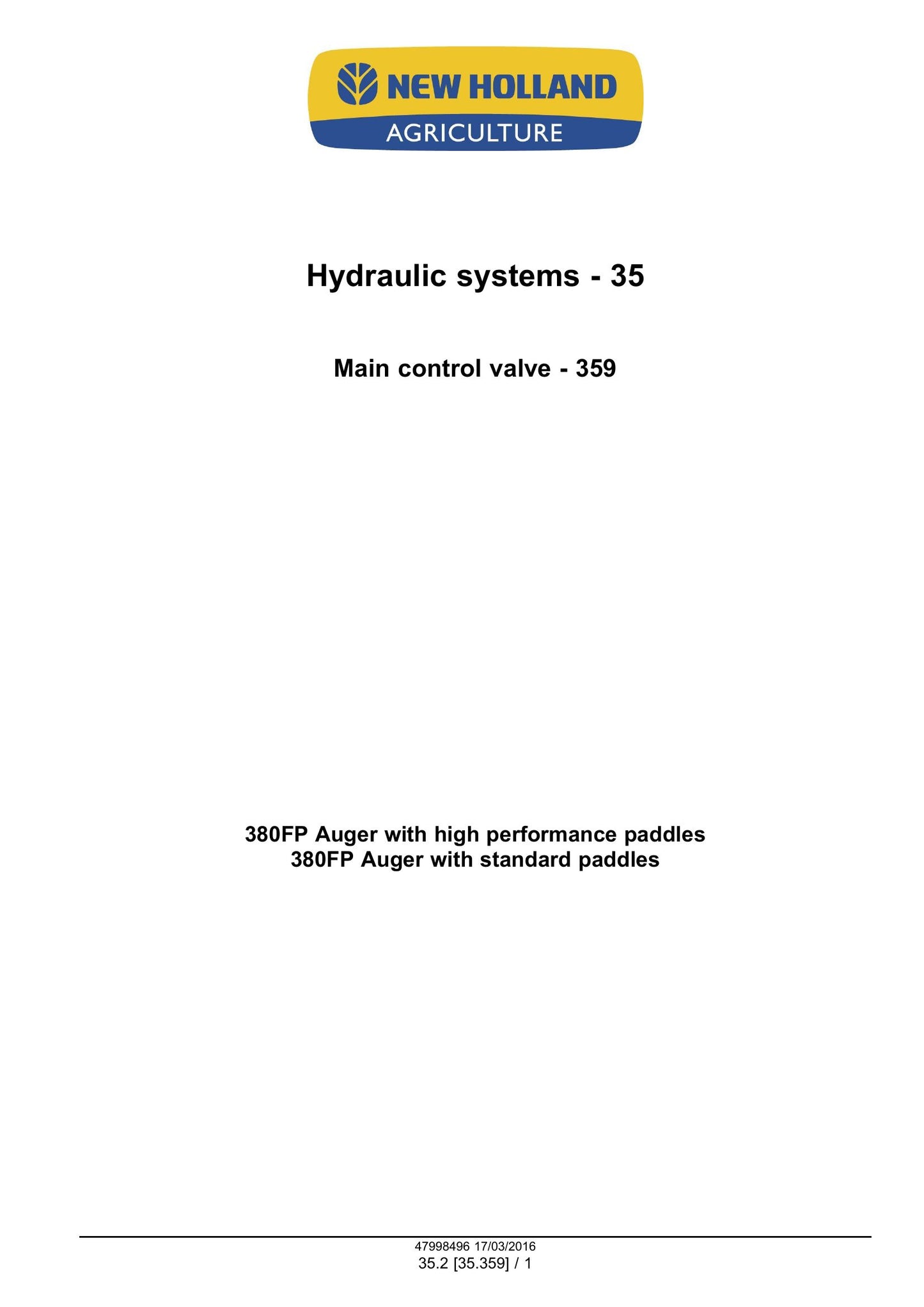 New Holland 380FP Header Factory Workshop Service Manual 47998496