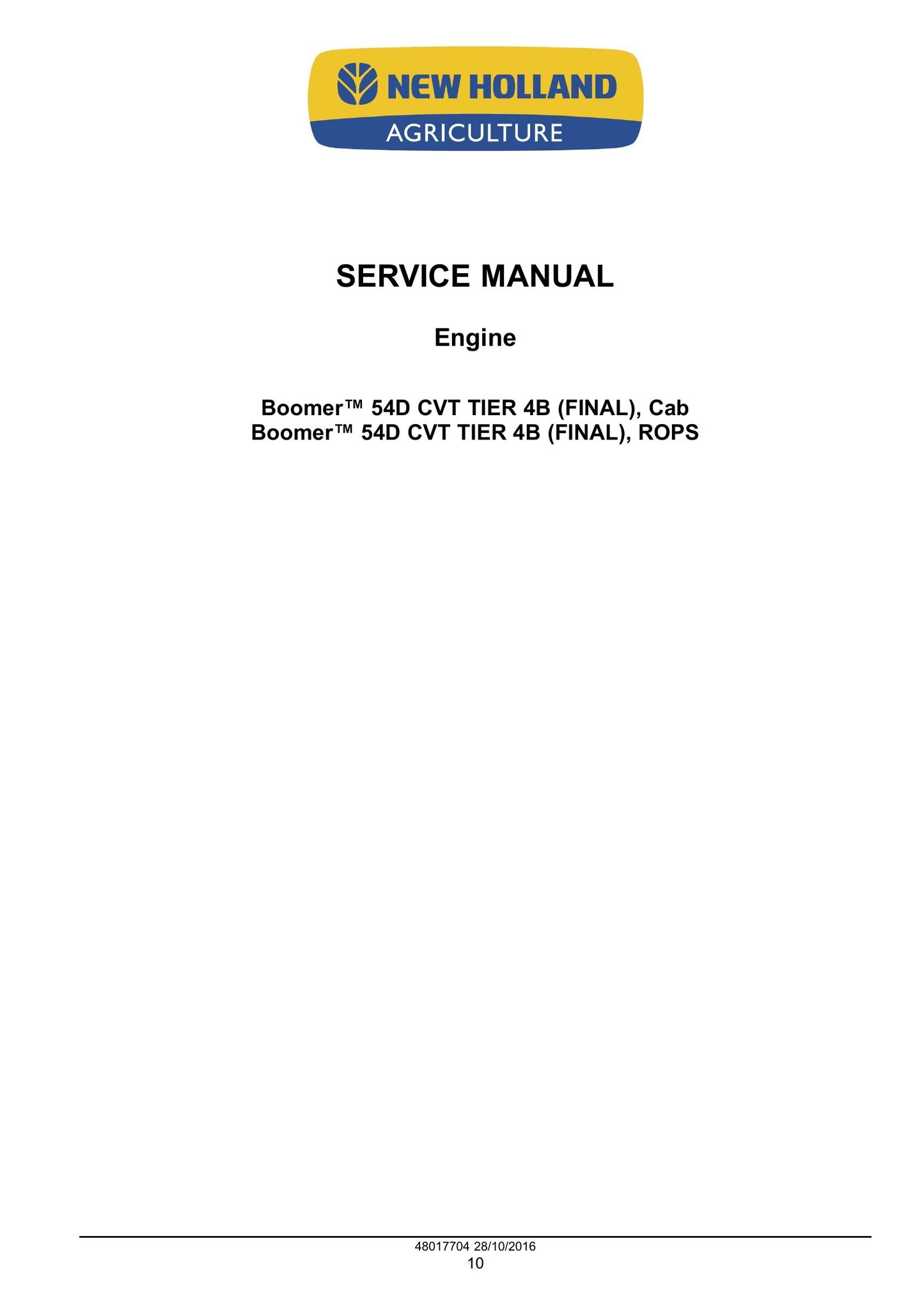 New Holland Boomer 54D CVT Tractor Factory Workshop Service Manual 48017704