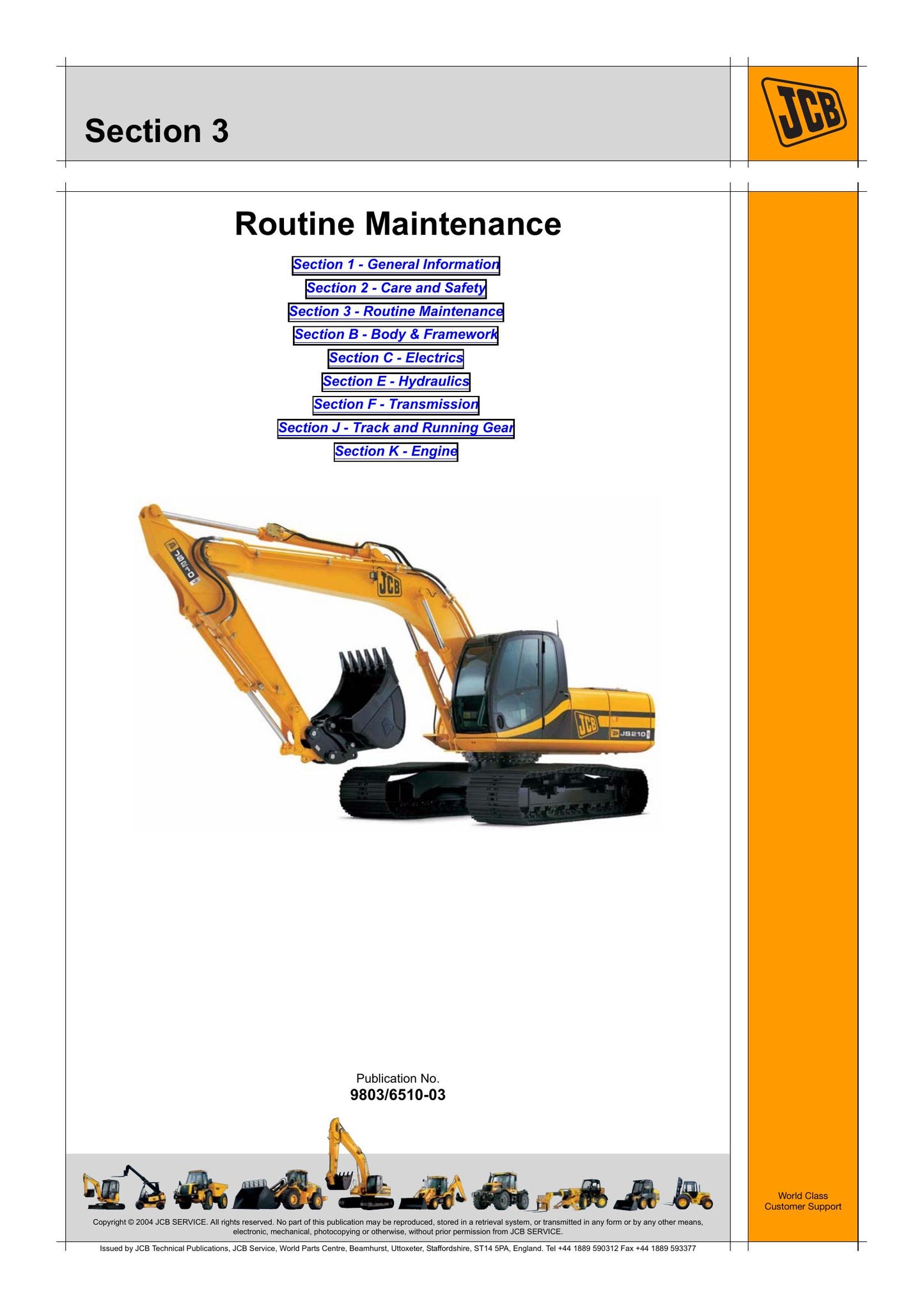 JCB JS200 JS210 JS220 JS240 JS260 Crawler Excavator Factory Workshop Service Manual 9803/6510-03