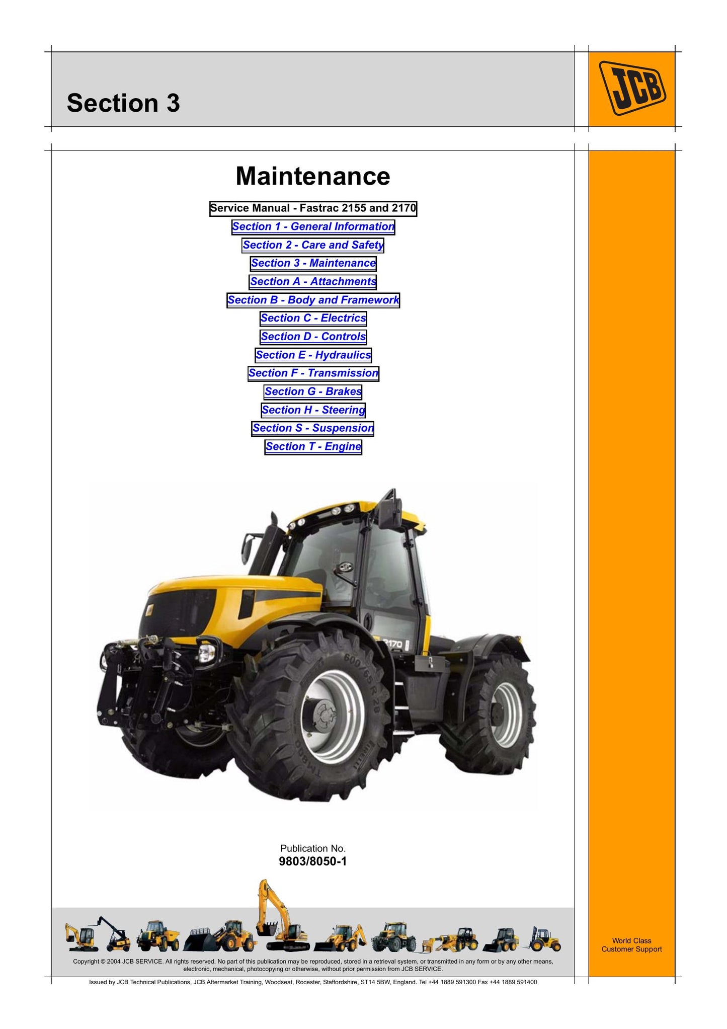 JCB 2155 2170 Tractor Factory Workshop Service Manual 9803/8050