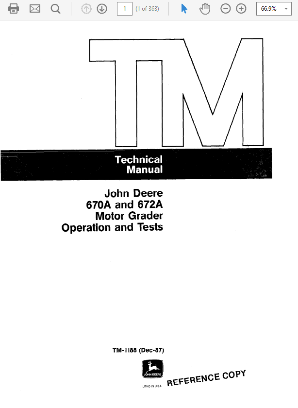 John Deere 670A, 672A Motor Grader Technical Manual (TM1188) Workshop Guide