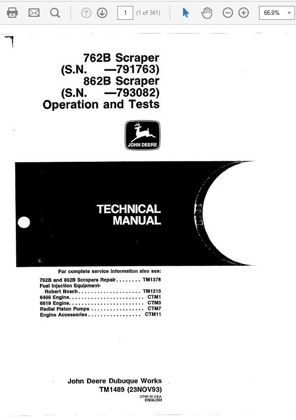 John Deere 762B, 862B Scraper Repair Technical Manual (TM1489 and TM1490) Workshop Guide