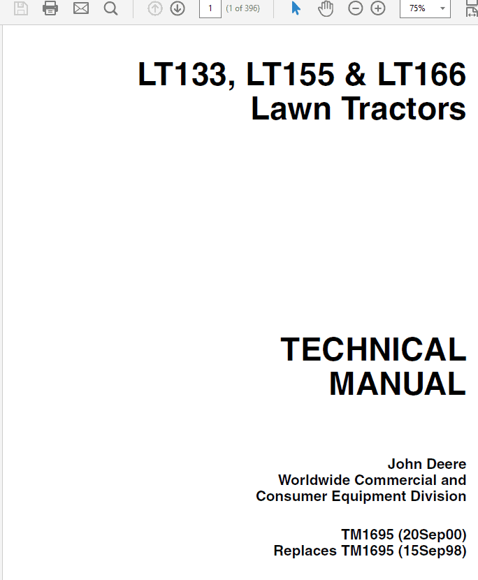 John Deere LT133, LT155, LT166 Lawn Tractor Technical Manual (TM1695) Workshop Guide