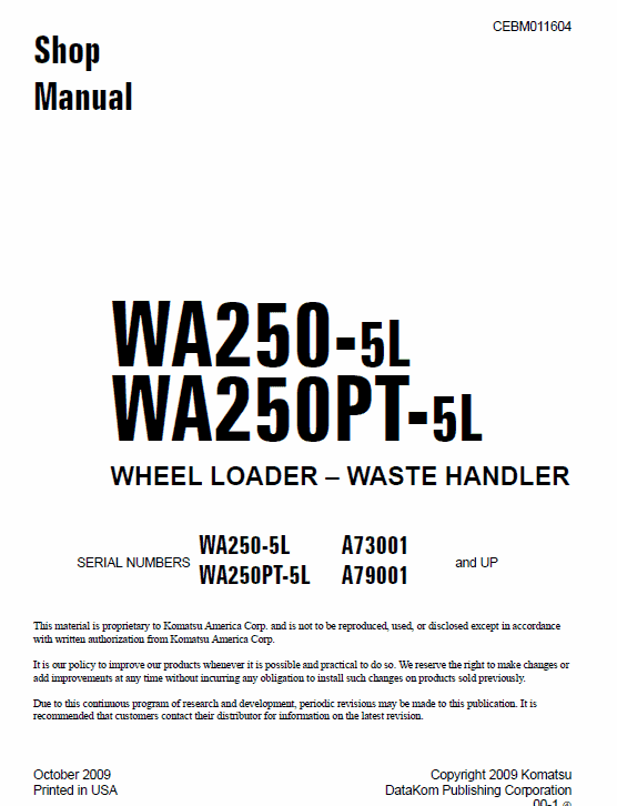 Komatsu WA250-5, WA250PT-5, WA250-5H Wheel Loader Service Manual Workshop Guide