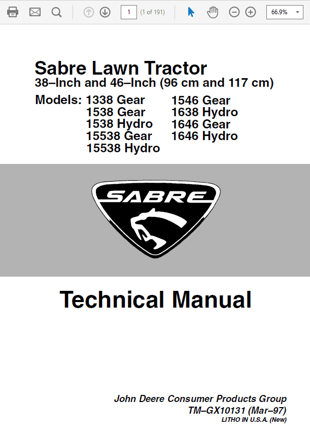 John Deere 1338, 1538, 1546, 1638 Sabre Lawn Tractors Technical Manual Workshop Guide