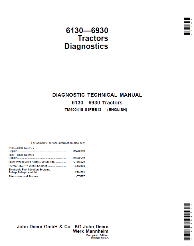 John Deere 6830, 6930 Tractors (EU) Service Repair Manual Workshop Guide
