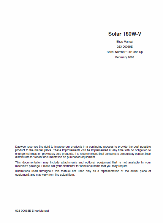 Doosan Daewoo Solar S180W-V Excavator Service Manual Workshop Guide