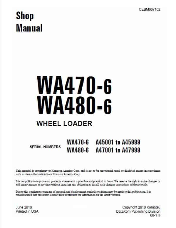 Komatsu WA470-6, WA480-6, WA470-6LC, WA480-6LC Loader Service Manual Workshop Guide