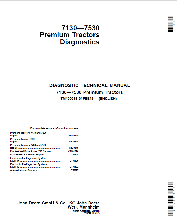 John Deere 7430, 7430 E, 7530, 7530 E (Premium) Tractors Repair Manual Workshop Guide