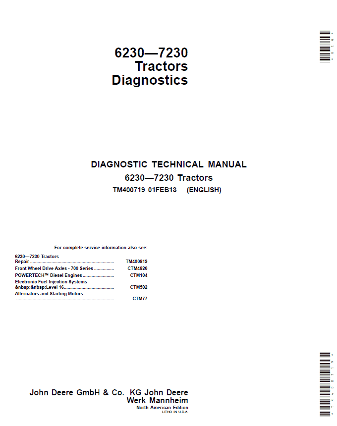 John Deere Tractors 6230, 6330, 6430, 6530, 6630, 7130, 7230 (NA) Service Repair Manual Workshop Guide
