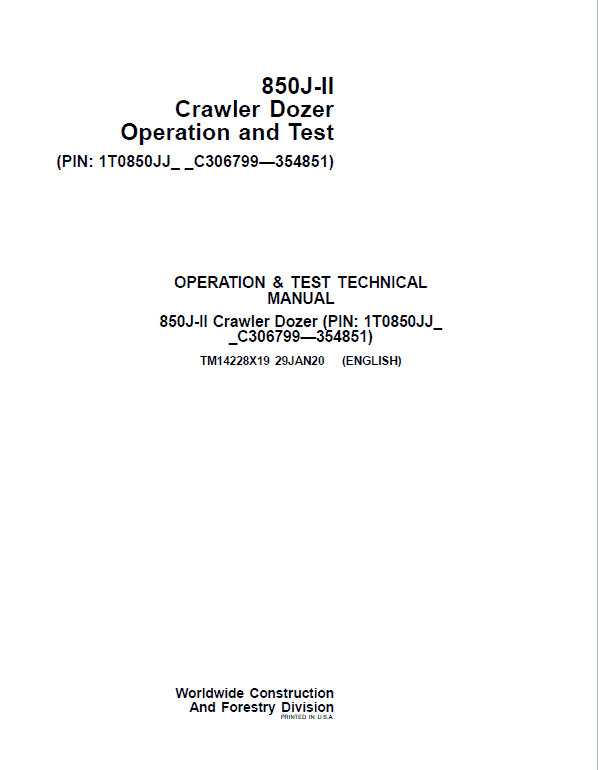 John Deere 850J-II Crawler Dozer Technical Manual (SN. from C306799 – C354851) Workshop Guide