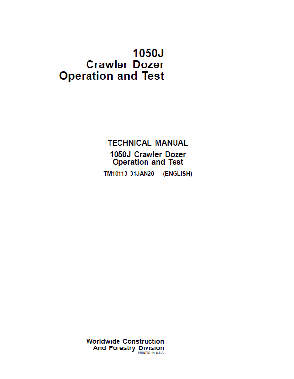 John Deere 1050J Crawler Dozer Repair Technical Manual Workshop Guide