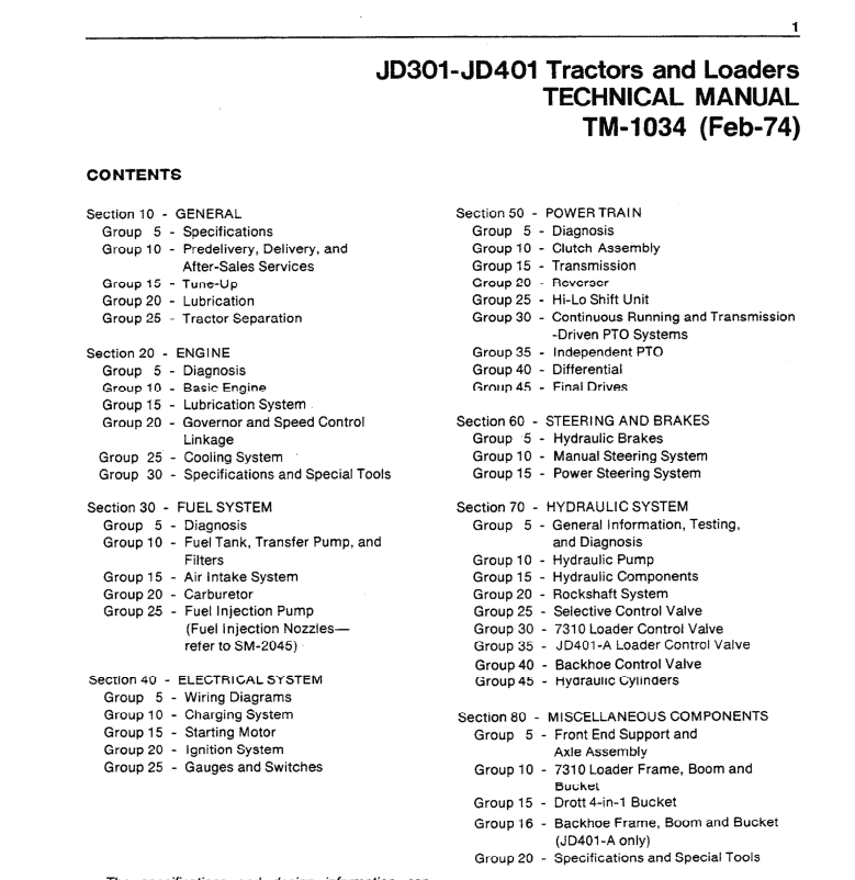 John Deere 301, 401 Tractors and Loaders Technical Manual (TM1034) Workshop Guide