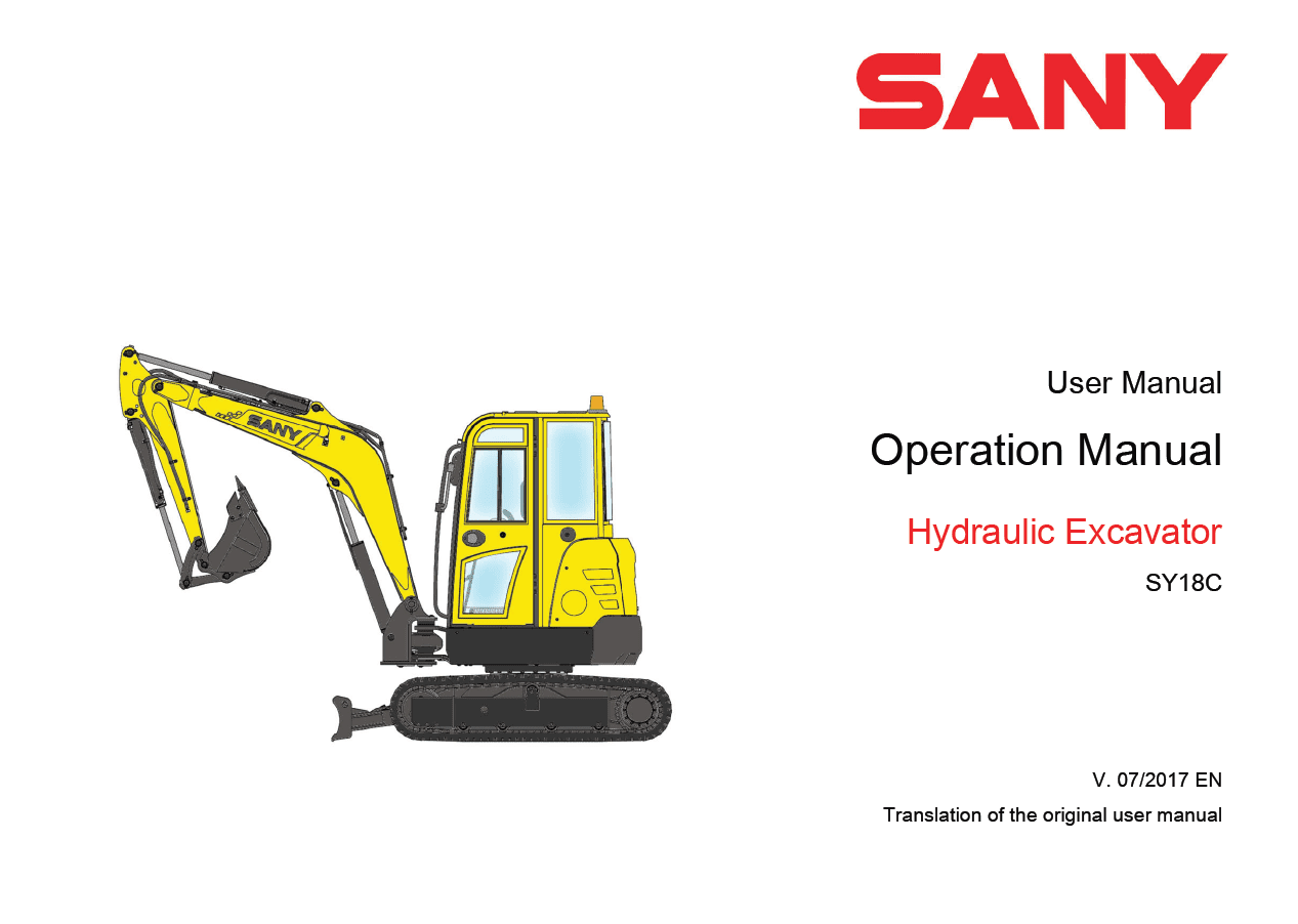 Sany SY18C Hydraulic Excavator Repair Service Manual