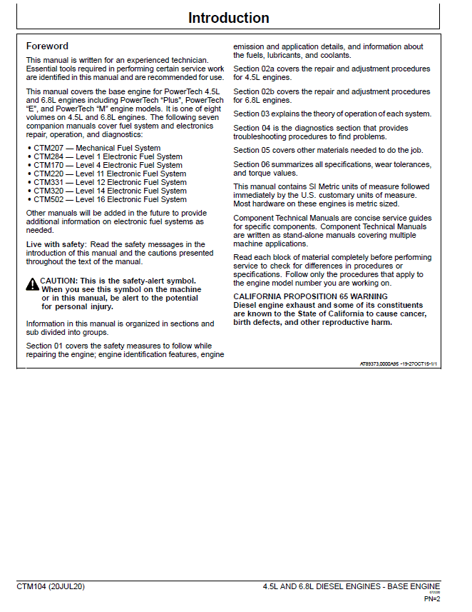 John Deere PowerTech 4.5L & 6.8L Diesel Engines (Base Engine) Repair Technical Manual (CTM104) Workshop Guide