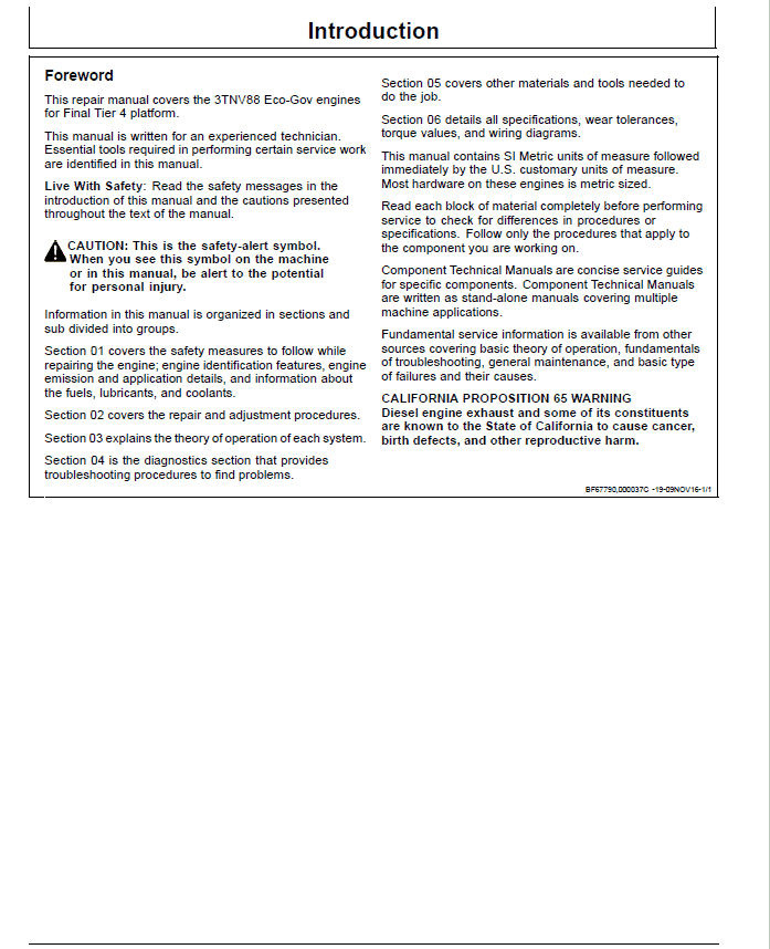 John Deere 3TNV88F Eco-Gov Diesel Engines Final Tier 4 Repair Manual (CTM144419) Workshop Guide