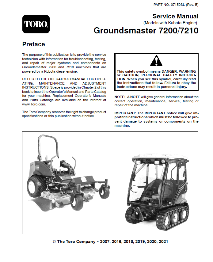 Toro Groundsmaster 7200, 7210 (Kubota Engine) Service Repair Manual