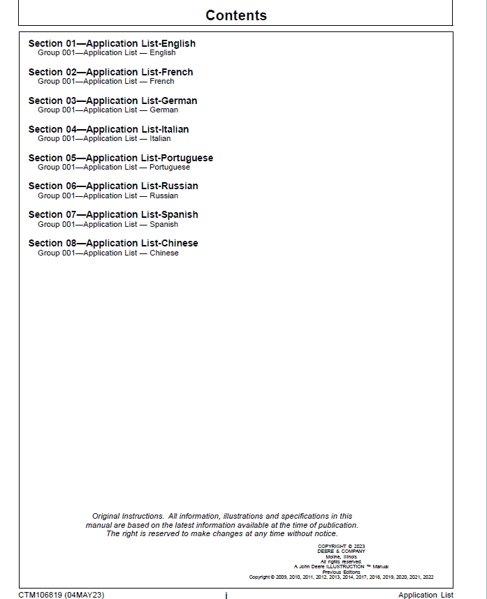John Deere Application List Information about the Engine Manuals (CTM106819) Workshop Guide
