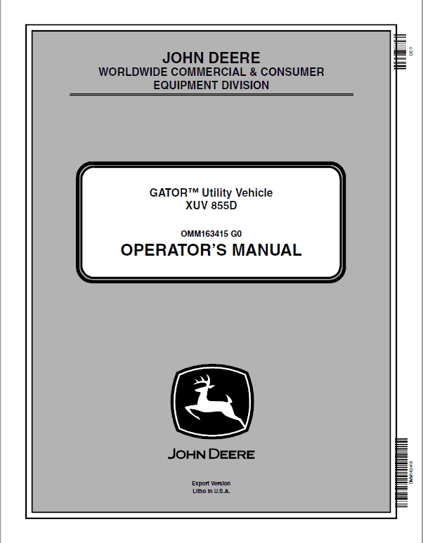 John Deere XUV855D Gator Utility Vehicle Repair Technical Manual (TM107219) Workshop Guide