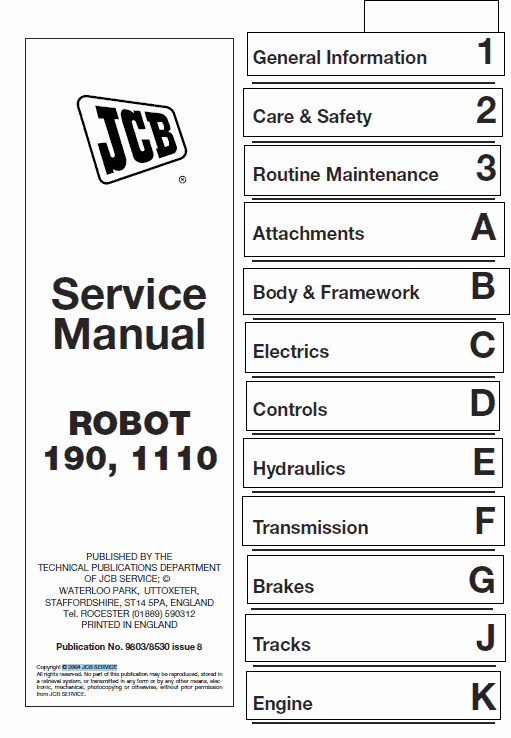 JCB 190, 190HF, 1110, 1110HF, 190T, 190THF, 1110T, 1110THF Skidsteer Loader Manual Workshop Guide
