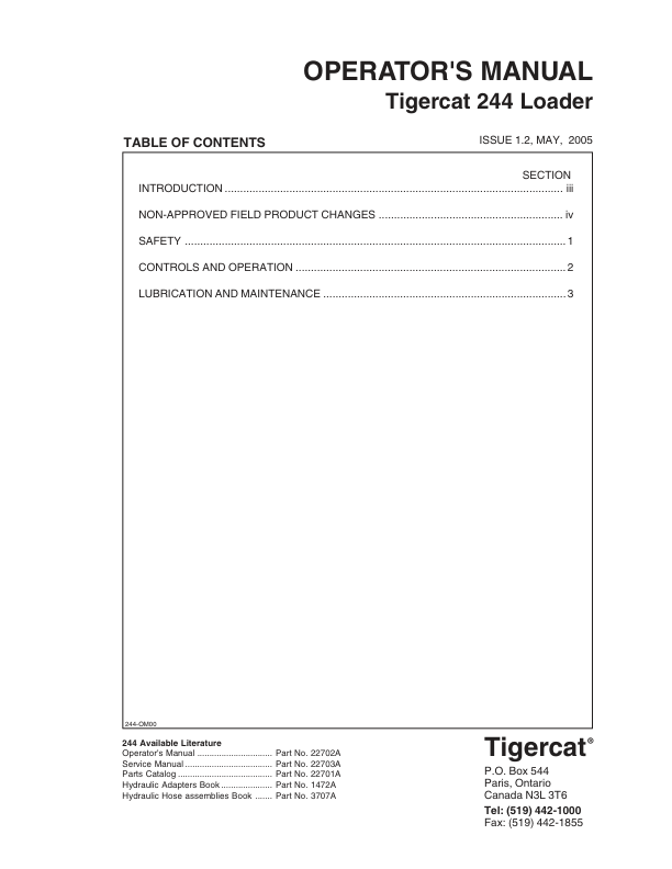 Tigercat 244 Loader Repair Service Manual (2440111 – 2440500)