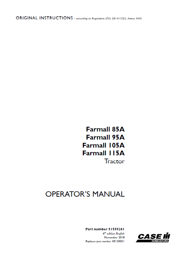 Case Farmall 85A, 95A, 105A, 115A Tractor Service Repair Manual Workshop Guide