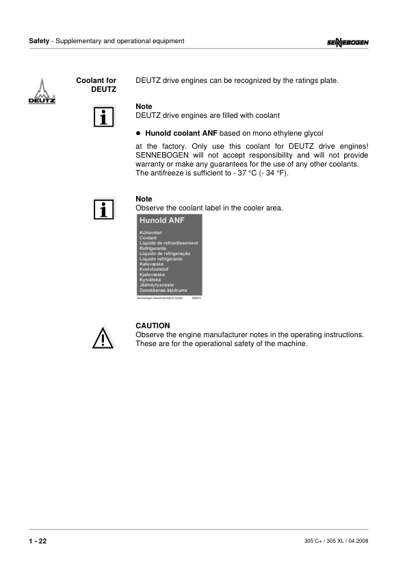 Sennebogen 305.0.398 (305 C+ & 305 XL) Operators, Maintenance and Parts Manual Workshop Guide