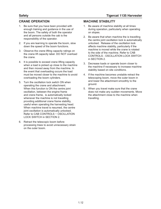Tigercat 1135 Harvester Operators Manual (11350101 – 11350500)