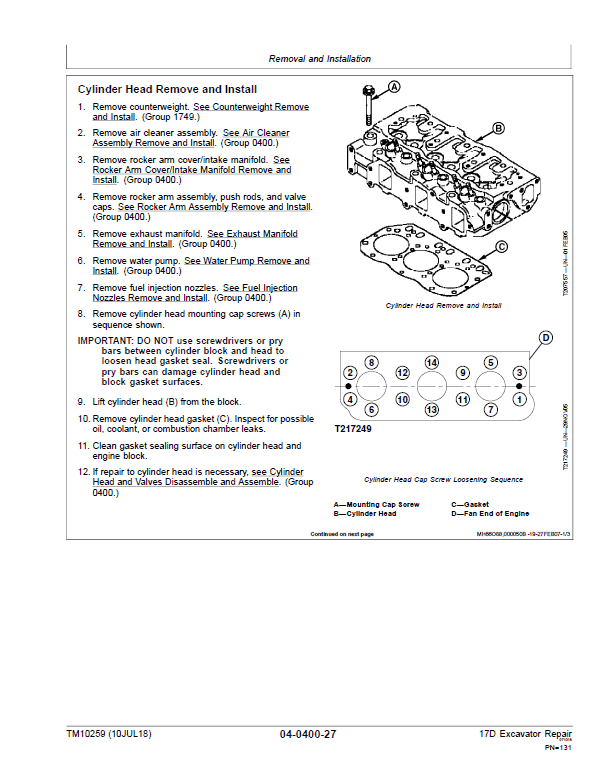 John Deere 17D Excavator Repair Technical Manual Workshop Guide