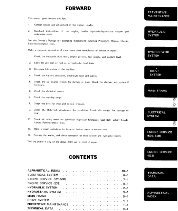 Bobcat 520, 530 and 533 Skid-Steer Loader Service Manual Workshop Guide