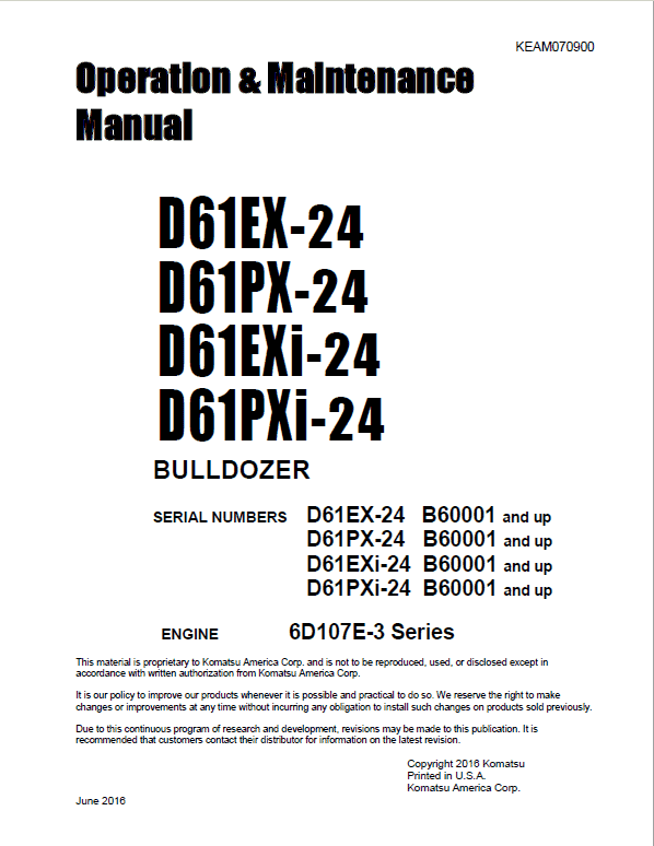 Komatsu D61EXi-24, D61PXi-24 Dozer Service Manual Workshop Guide